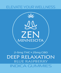 Zen Deep Relaxation Blue Raspberry Indica Gummies 5 mg THC, 25 mg CBD